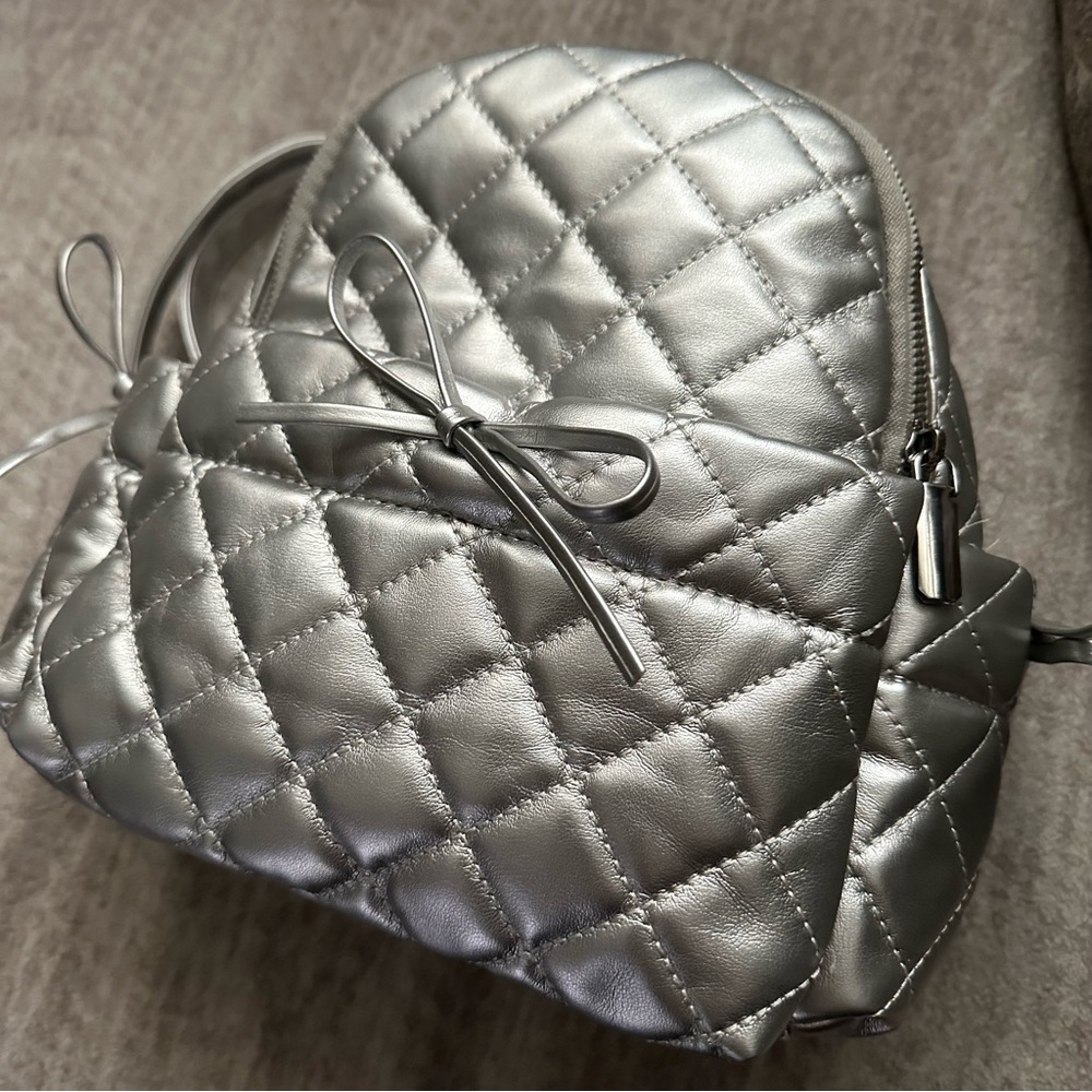Metallic Silver Mini Backpack Quilted Vegan Leather Bowknot Shoulder Bag - Picture 3 of 10